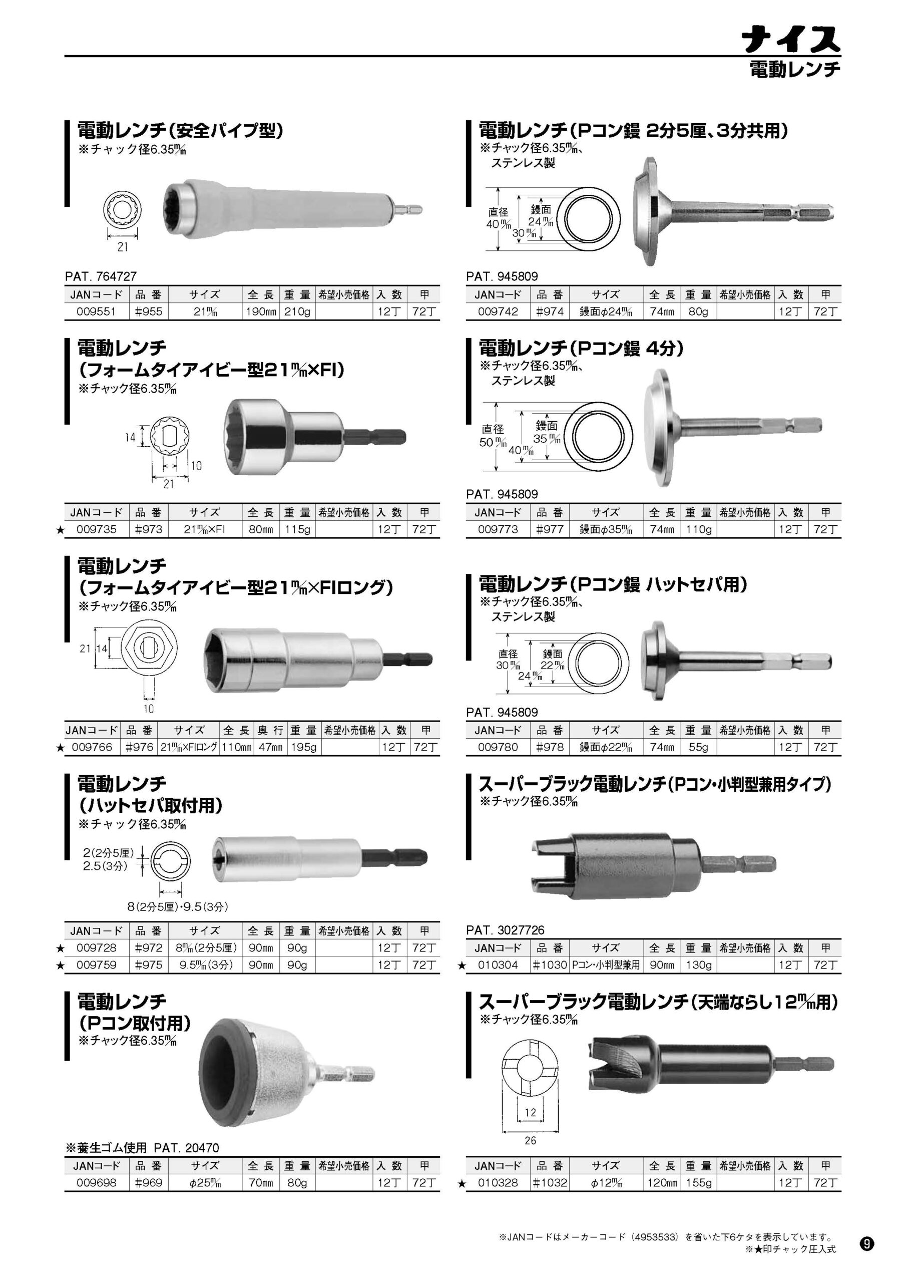 電動レンチ（安全パイプ型・21×FI型・ハットセパ取付用・Pコン取付用・Pコン鏝・Pコン小判型兼用・天端ならし）