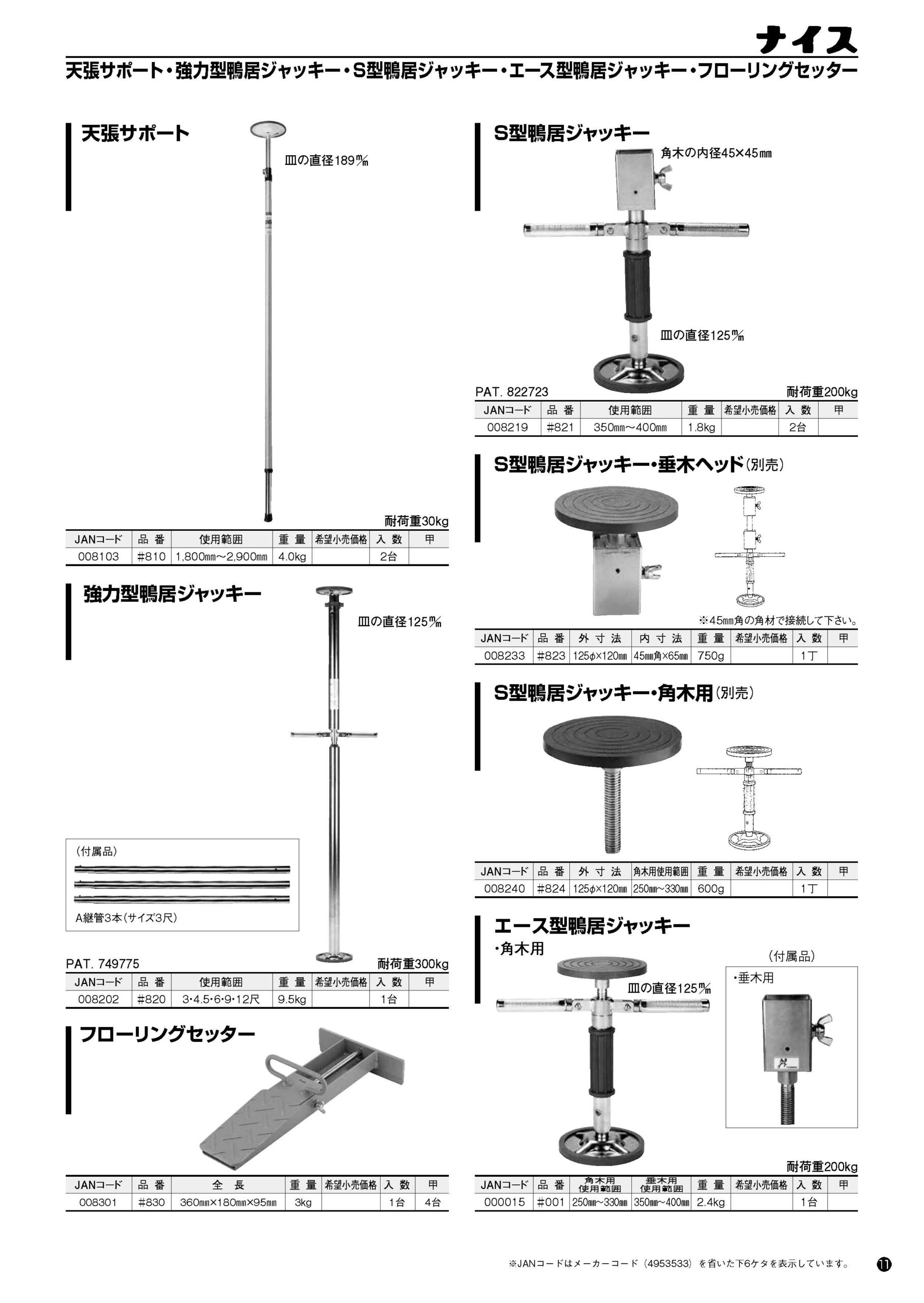 天張りサポート・強力型鴨居ジャキー・Ｓ型鴨居ジャキー・エース型鴨居ジャキー・フローリングセッター